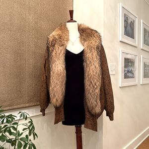Vintage Leather and Raccoon Fur Coat Size Medium Womens Brown 80's